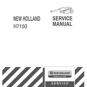 Pu&ograve; includere: Manuale di servizio bianco per una macchina New Holland H7150. La copertina presenta il testo "NEW HOLLAND H7150 SERVICE MANUAL" in nero. &Egrave; presente anche un logo New Holland Agriculture, insieme a un'illustrazione in bianco e nero della macchina.