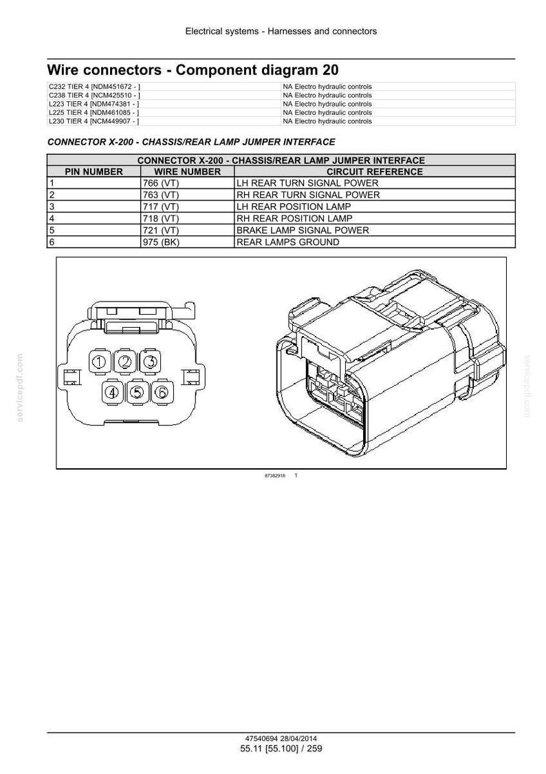 May include: Diagram of wire connectors, component diagram 20, with a chassis/rear lamp jumper interface. The diagram includes pin numbers, wire numbers, and circuit references for electrical systems.