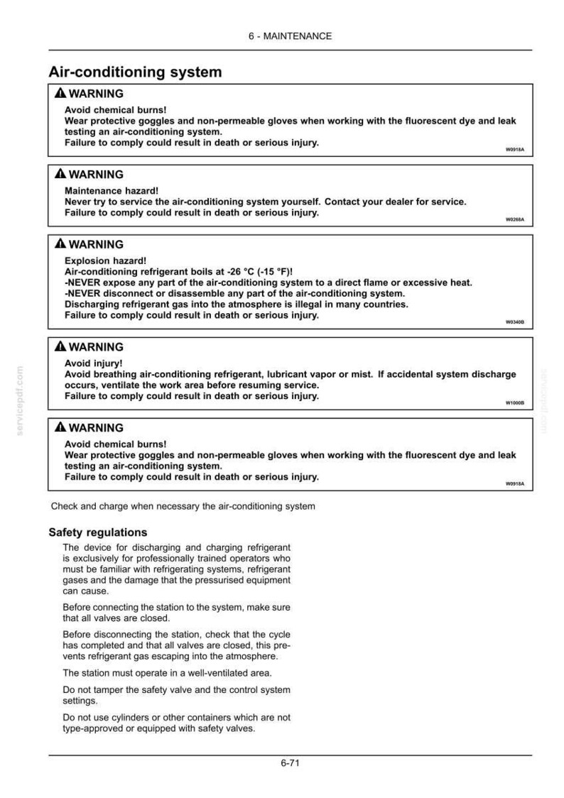 Puede incluir: Una p&aacute;gina de manual t&eacute;cnico titulada 6-MAINTENANCE, que detalla advertencias de seguridad para sistemas de aire acondicionado. Incluye instrucciones sobre c&oacute;mo evitar quemaduras qu&iacute;micas, riesgos de explosi&oacute;n y lesiones, junto con normas de seguridad.