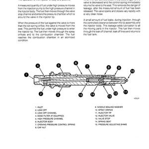 Peut inclure: Sch&eacute;ma d&eacute;taill&eacute; d'un injecteur avec des l&eacute;gendes, notamment l'entr&eacute;e, le canal de fuite et l'embout de l'injecteur. Le texte explique les proc&eacute;dures de fonctionnement de l'injecteur.