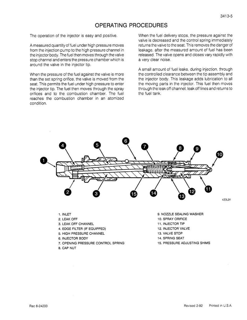 Peut inclure: Sch&eacute;ma d&eacute;taill&eacute; d'un injecteur avec des l&eacute;gendes, notamment l'entr&eacute;e, le canal de fuite et l'embout de l'injecteur. Le texte explique les proc&eacute;dures de fonctionnement de l'injecteur.