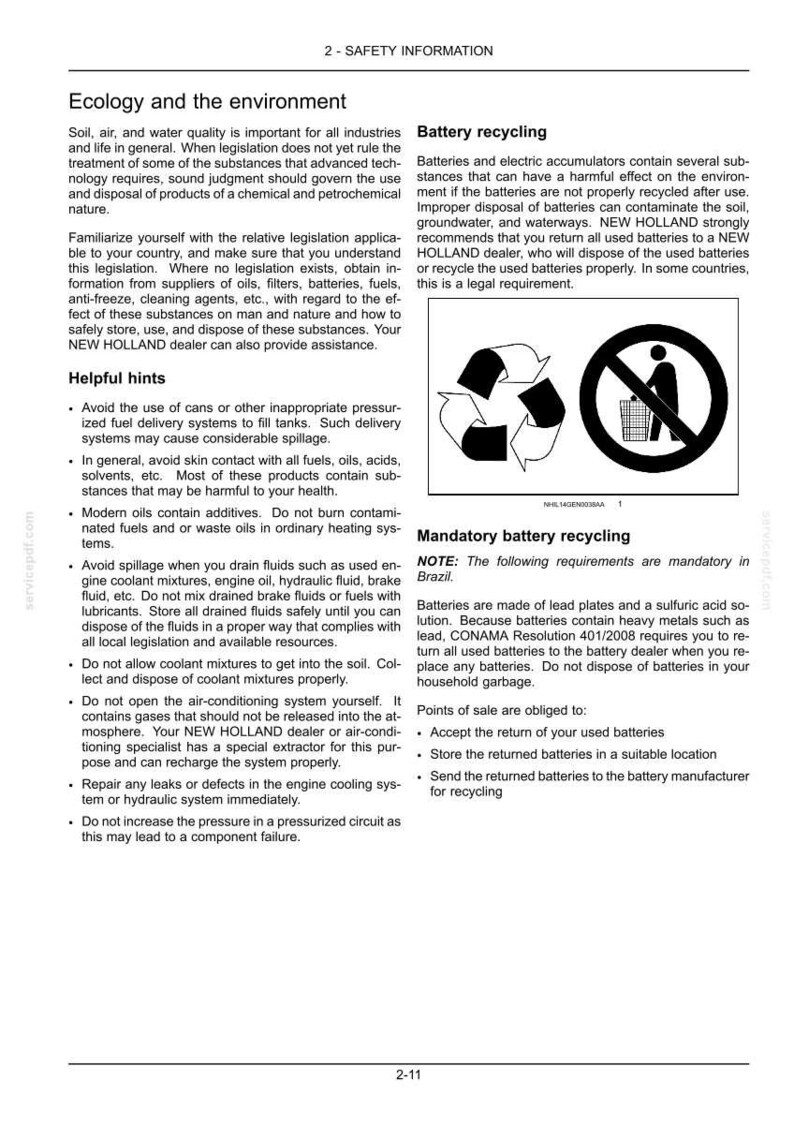 Pode incluir: Uma p&aacute;gina de documento em preto e branco intitulada 2-SAFETY INFORMATION, com se&ccedil;&otilde;es sobre ecologia, meio ambiente, reciclagem de baterias e reciclagem obrigat&oacute;ria. Inclui um s&iacute;mbolo de reciclagem e um s&iacute;mbolo de proibi&ccedil;&atilde;o com uma pessoa.