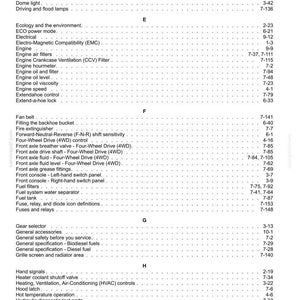 May include: A detailed page from a manual, listing various automotive components and systems. The text includes terms like 'Engine,' 'Fuel Tank,' and 'Hydraulic Filter,' with corresponding page numbers. The layout is clean and organized.