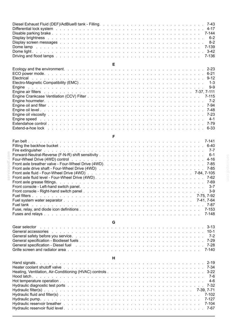 May include: A detailed page from a manual, listing various automotive components and systems. The text includes terms like 'Engine,' 'Fuel Tank,' and 'Hydraulic Filter,' with corresponding page numbers. The layout is clean and organized.