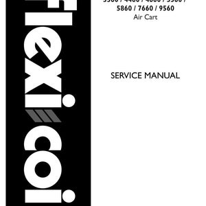 May include: A white and black service manual for an Air Cart. The manual includes the text "Flexi coil" in a bold, stylized font. Additional text includes model numbers and "SERVICE MANUAL". The part number is 47827465.
