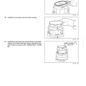 May include: Diagram showing the assembly of a hydrostatic drive pump and motor components. Steps include installing a gasket, cover plate, and socket head cap screws. The text specifies torque in foot-pounds.