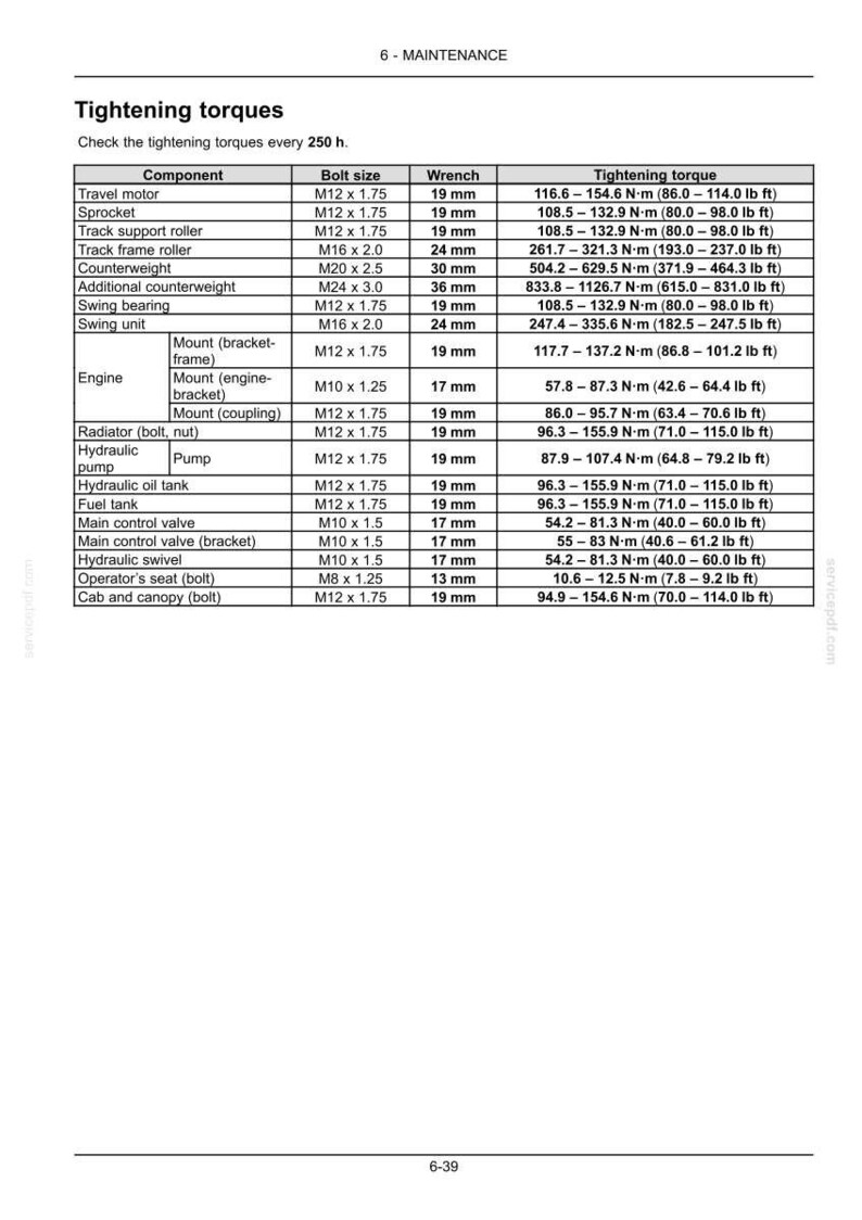 May include: A technical maintenance table titled Tightening torques, listing components, bolt sizes, wrench sizes, and torque values in N&middot;m and lb ft. The document specifies checking torques every 250 hours and includes page number 6-39 at the bottom.