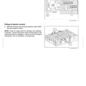 May include: Diagram of a powershift transmission external control system. The image includes a side view of the pressure controller, proportional valve, and follow-on slide. Another diagram shows the fitting of an electric control with an orifice.