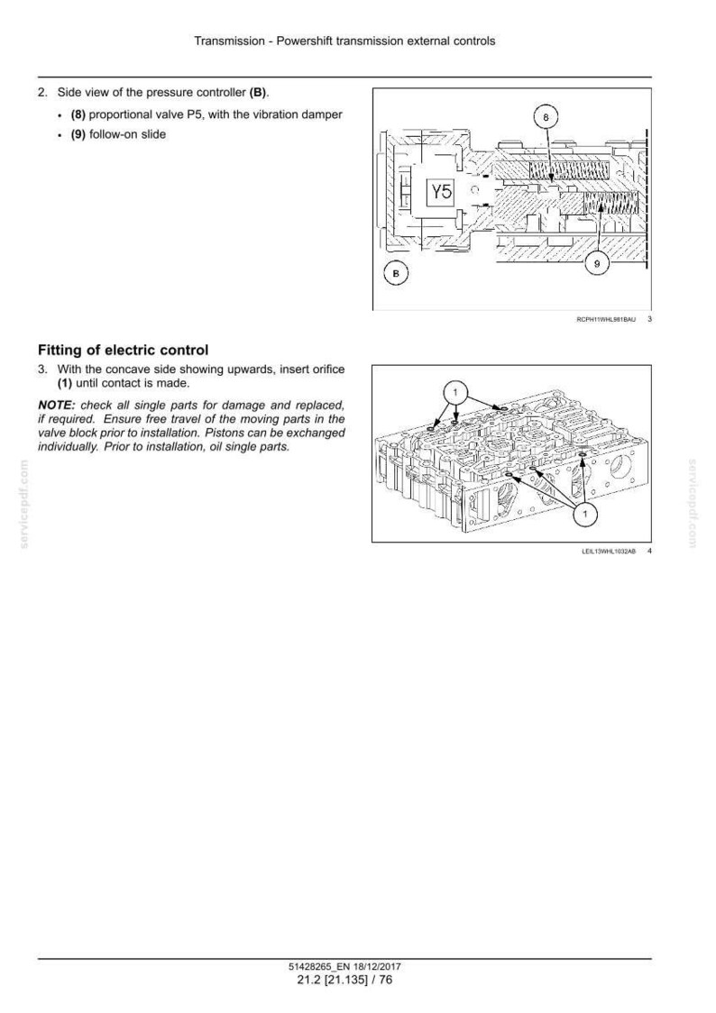 May include: Diagram of a powershift transmission external control system. The image includes a side view of the pressure controller, proportional valve, and follow-on slide. Another diagram shows the fitting of an electric control with an orifice.
