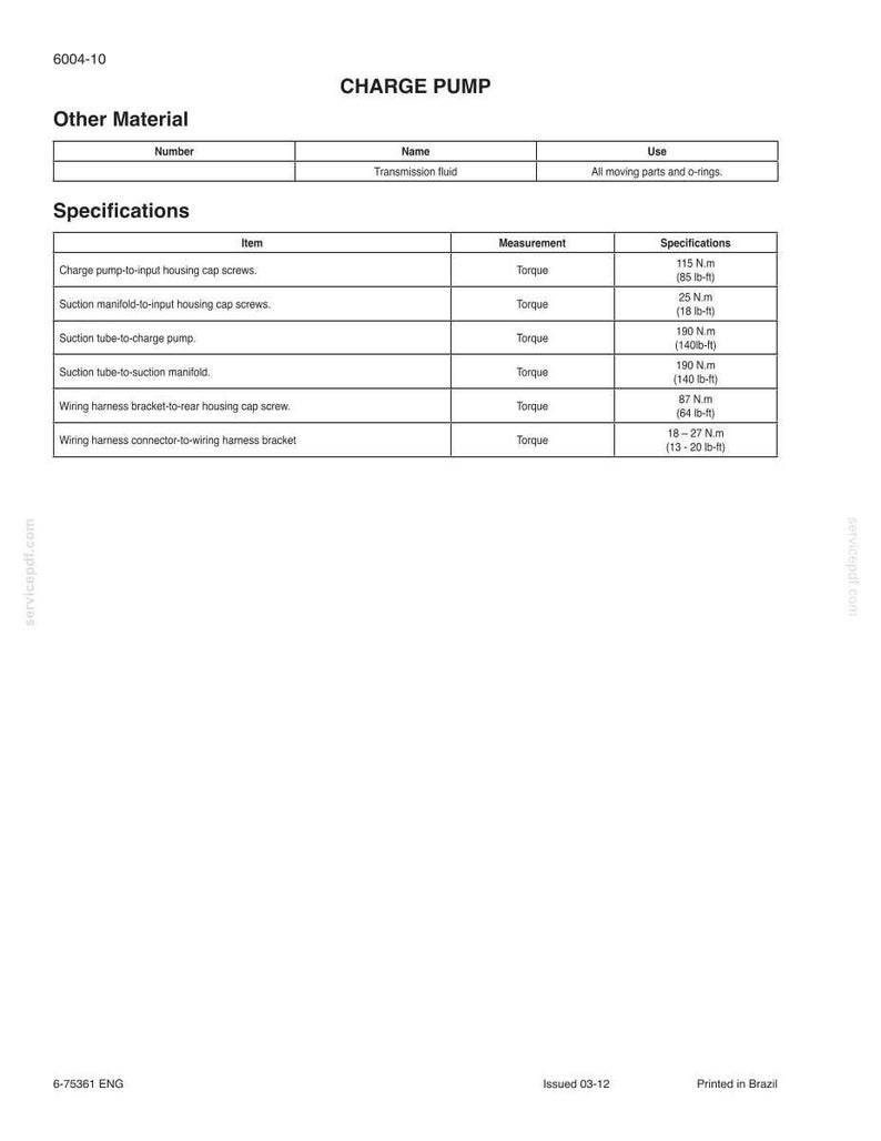 May include: A technical document titled "CHARGE PUMP" with specifications for various components, including torque measurements in lb-ft and N.m. The document includes details on housing cap screws, suction tubes, and wiring harnesses.