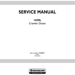 May include: A white service manual cover with the title "SERVICE MANUAL" in bold black letters. Below, it reads "1650L Crawler Dozer." The New Holland Construction logo is at the bottom.