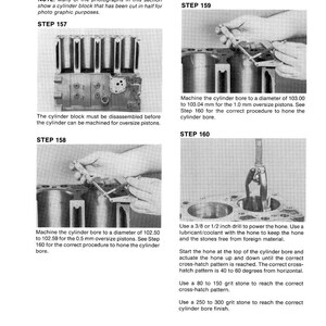 May include: Technical diagram illustrating the reconditioning of a cylinder block for oversize pistons. The image includes step-by-step instructions with diagrams, detailing the machining and honing processes. Measurements are provided in inches and fractions of an inch.