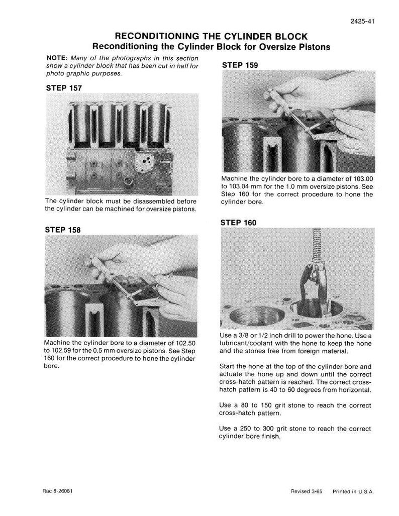 May include: Technical diagram illustrating the reconditioning of a cylinder block for oversize pistons. The image includes step-by-step instructions with diagrams, detailing the machining and honing processes. Measurements are provided in inches and fractions of an inch.