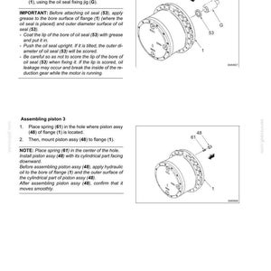 May include: A technical manual page titled E245B TRAVEL DEVICE MOTOR showing two diagrams for assembling a motor. The first diagram illustrates fitting oil seal 53 into flange 1 using jig G. The second diagram shows assembling piston 3 with spring 61.