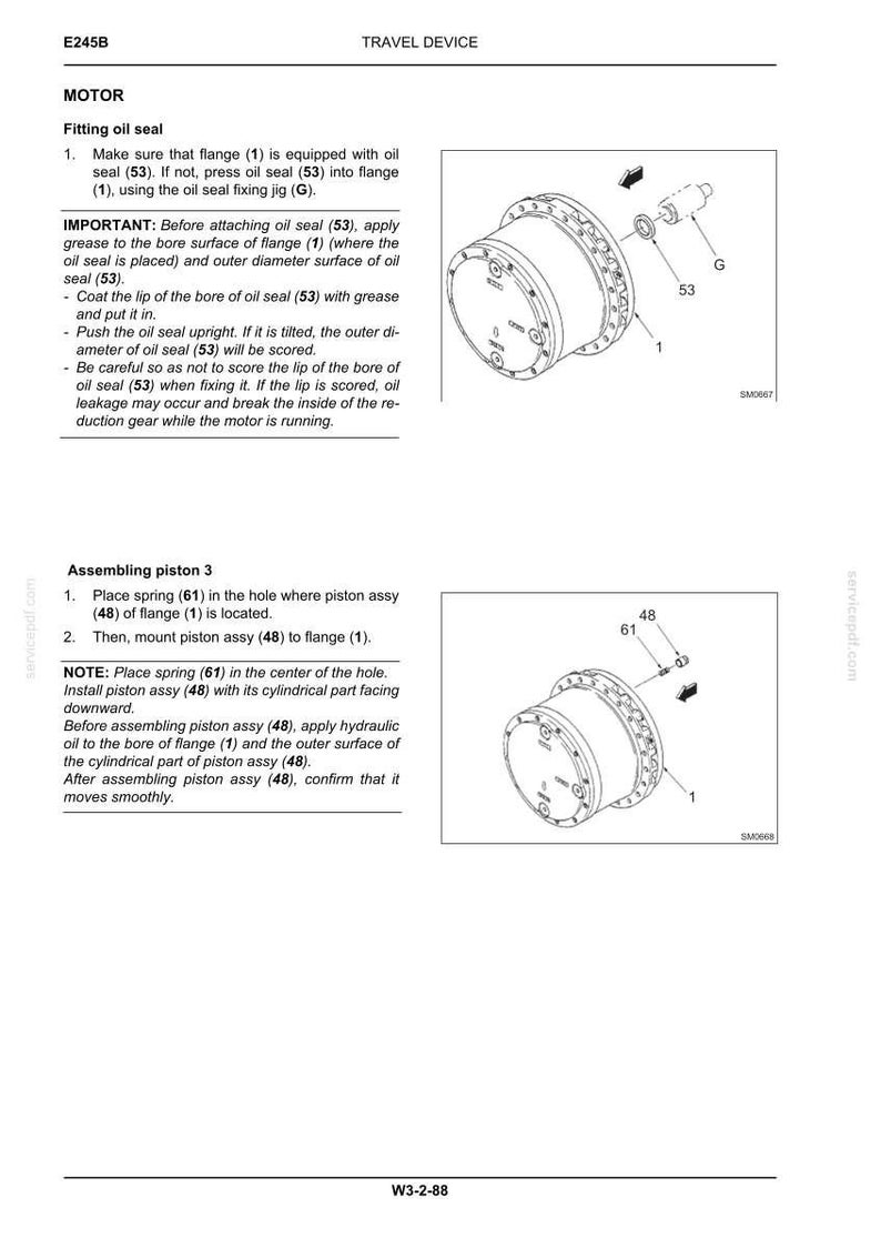 May include: A technical manual page titled E245B TRAVEL DEVICE MOTOR showing two diagrams for assembling a motor. The first diagram illustrates fitting oil seal 53 into flange 1 using jig G. The second diagram shows assembling piston 3 with spring 61.