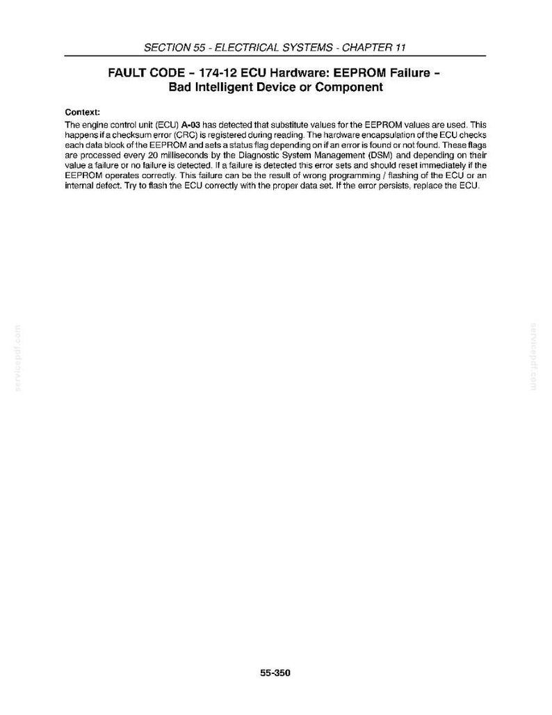 May include: A page from a manual with the title "SECTION 55 - ELECTRICAL SYSTEMS - CHAPTER 11". The text describes a fault code related to an ECU hardware failure, including diagnostic steps and potential causes.