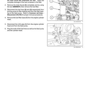 May include: Diagram of engine fuel supply lines, low pressure, and disconnect instructions. Includes numbered components, such as the fuel filter, drain faucet, and fuel lines, with corresponding steps for removal and disconnection.