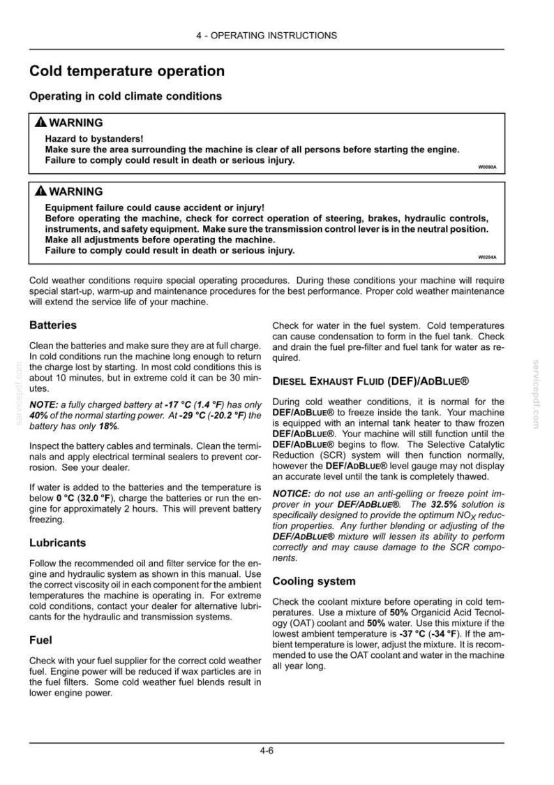 May include: Operating instructions for cold temperature conditions. Includes warnings about hazards and equipment failure. Provides guidance on batteries, lubricants, fuel, and diesel exhaust fluid (DEF/AdBlue). Also covers the cooling system.