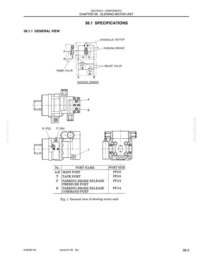 May include: A technical diagram of a slewing motor unit, including a hydraulic circuit schematic, three orthographic views of the motor, and a table listing port names and sizes such as PF3/8 for main and tank ports and PF1/4 for brake release ports.