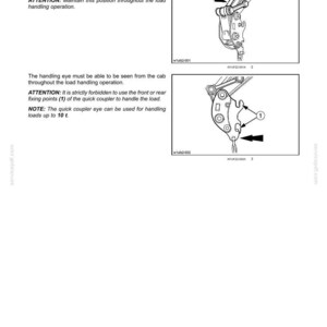 May include: Diagram from an operating manual showing the quick coupler on a piece of machinery. The diagram includes text instructions and illustrations of the coupler's components, including the handling eye and fixing points. The text provides safety instructions for handling loads up to 10 t.