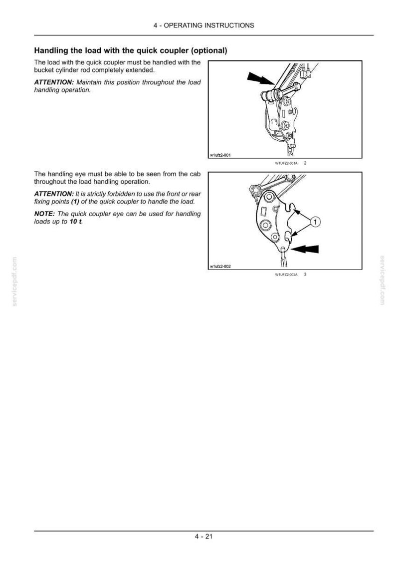 May include: Diagram from an operating manual showing the quick coupler on a piece of machinery. The diagram includes text instructions and illustrations of the coupler's components, including the handling eye and fixing points. The text provides safety instructions for handling loads up to 10 t.