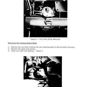 May include: Black and white images from a manual detailing the removal of a full flow filter and turbine output shaft. Figure 4 shows the filter assembly, and Figure 5 shows the output shaft removal process. Text instructions accompany the images.