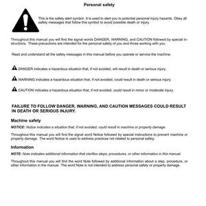 Puede incluir: Una p&aacute;gina de un manual con instrucciones de seguridad. El texto incluye s&iacute;mbolos de alerta de seguridad y las palabras "PELIGRO", "ADVERTENCIA" y "PRECAUCI&Oacute;N" para indicar posibles riesgos. El manual tambi&eacute;n cubre la seguridad de la m&aacute;quina e informaci&oacute;n.
