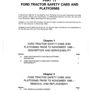 Op de afbeelding: Een wit document met zwarte tekst met details over Ford tractorveiligheidscabines en -platforms. Het document is verdeeld in hoofdstukken en secties, met onderwerpen als beschrijving, servicebaarheid, verwijdering en vervanging.