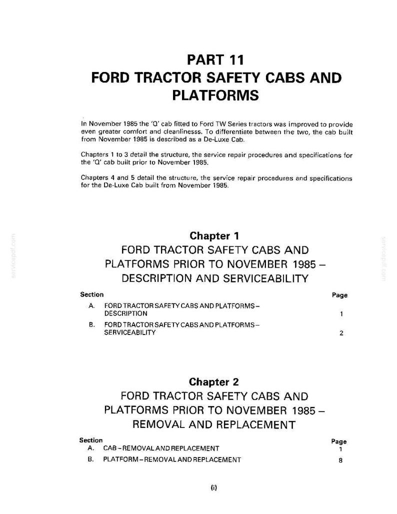 Op de afbeelding: Een wit document met zwarte tekst met details over Ford tractorveiligheidscabines en -platforms. Het document is verdeeld in hoofdstukken en secties, met onderwerpen als beschrijving, servicebaarheid, verwijdering en vervanging.