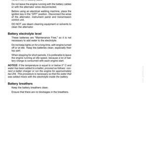 May include: A page from a maintenance manual with the title "7 - MAINTENANCE". The text provides instructions on servicing batteries, including disconnecting cables, and maintaining electrolyte levels. It also covers battery breathers.