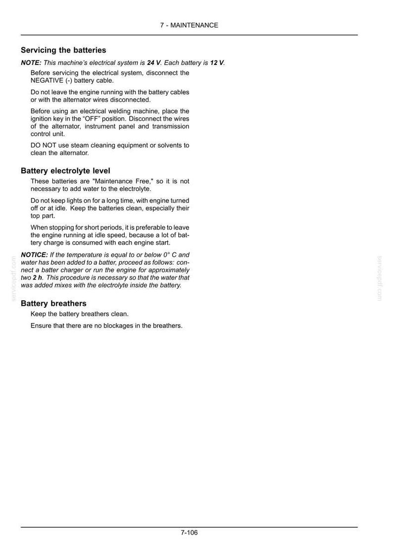 May include: A page from a maintenance manual with the title "7 - MAINTENANCE". The text provides instructions on servicing batteries, including disconnecting cables, and maintaining electrolyte levels. It also covers battery breathers.