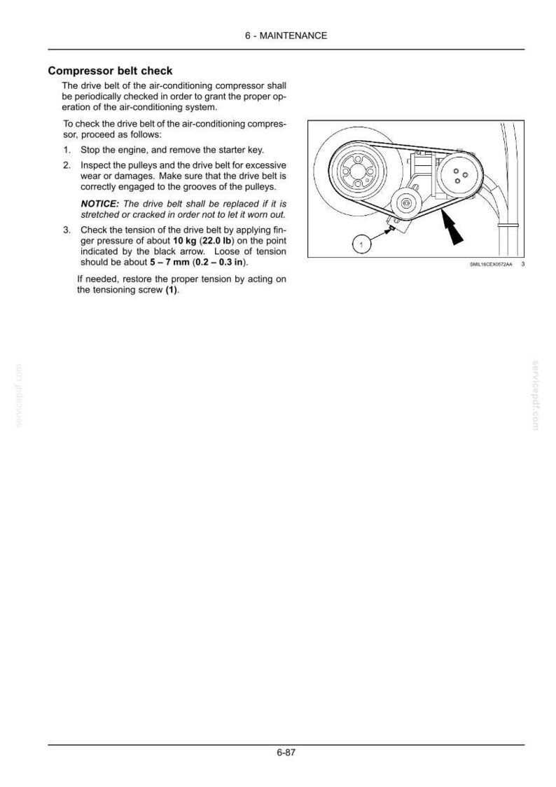 May include: Diagram of an air conditioning compressor belt check, with text instructions and an illustration of the belt and pulleys. The text includes instructions to check the belt tension with 22.0 lb of pressure.