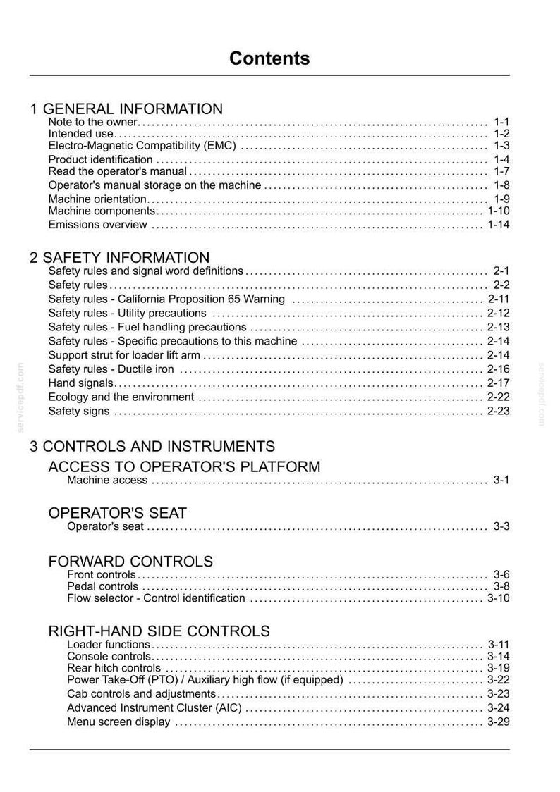May include: A white document page titled "Contents" with a list of topics including "General Information", "Safety Information", and "Controls and Instruments". The document appears to be a manual.