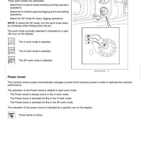 May include: Diagram of a machine control panel with text explaining engine speed throttle, work mode selection (A, H, SP), and power boost activation. Includes illustrations of control panel elements and icons.