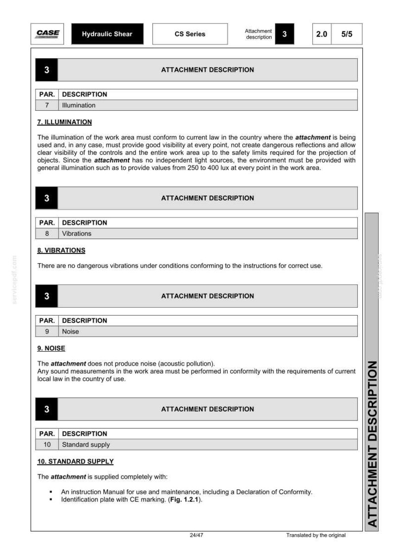 May include: A technical document titled "Hydraulic Shear" with sections on illumination, vibrations, and noise. The document includes text and numbered sections, with the CASE logo at the top.