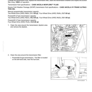 May include: Diagram of a transmission fluid and filter maintenance guide. Includes instructions for changing fluid, replacing the filter, and cleaning the breather. Specifications for different transmission types are also provided, with measurements in US quarts.
