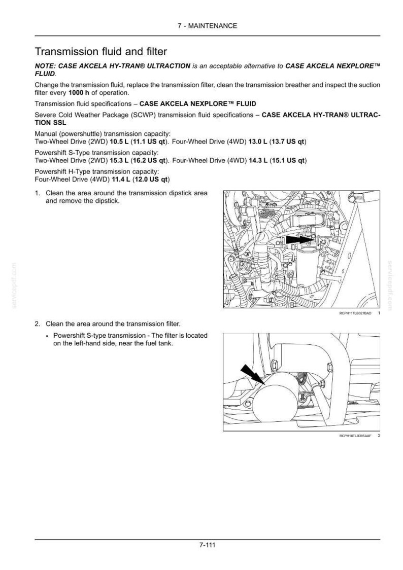 May include: Diagram of a transmission fluid and filter maintenance guide. Includes instructions for changing fluid, replacing the filter, and cleaning the breather. Specifications for different transmission types are also provided, with measurements in US quarts.