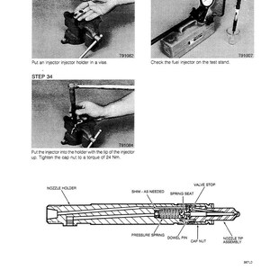 May include: Technical diagram with steps for fuel injector maintenance. Includes images of tools and procedures, such as using a vise and test stand. Text labels identify parts like nozzle holder and cap nut.