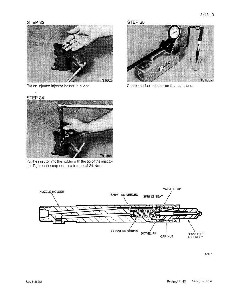 May include: Technical diagram with steps for fuel injector maintenance. Includes images of tools and procedures, such as using a vise and test stand. Text labels identify parts like nozzle holder and cap nut.