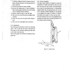 Puede incluir: Una p&aacute;gina de documento t&eacute;cnico titulada Lumber Fork, Optional Attachments, que presenta un dibujo lineal etiquetado como Fig. 5-5. El diagrama muestra una vista lateral de una horquilla para madera con componentes numerados 1 para marco y 2 para diente.