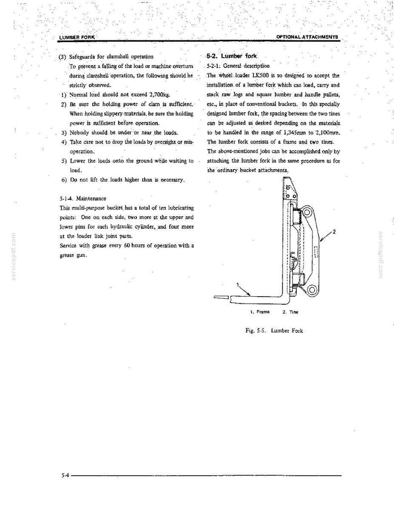 Puede incluir: Una p&aacute;gina de documento t&eacute;cnico titulada Lumber Fork, Optional Attachments, que presenta un dibujo lineal etiquetado como Fig. 5-5. El diagrama muestra una vista lateral de una horquilla para madera con componentes numerados 1 para marco y 2 para diente.