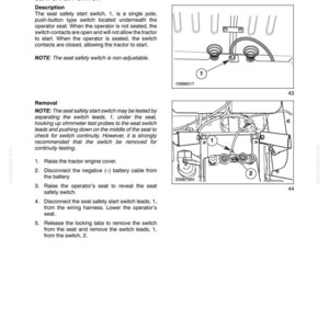 May include: A technical manual page titled SECTION 55 - ELECTRICAL SYSTEM - CHAPTER 1, detailing the SEAT SAFETY SWITCH. It includes two black and white line drawings showing the switch location, labeled 1 and 2, with instructions for removal.