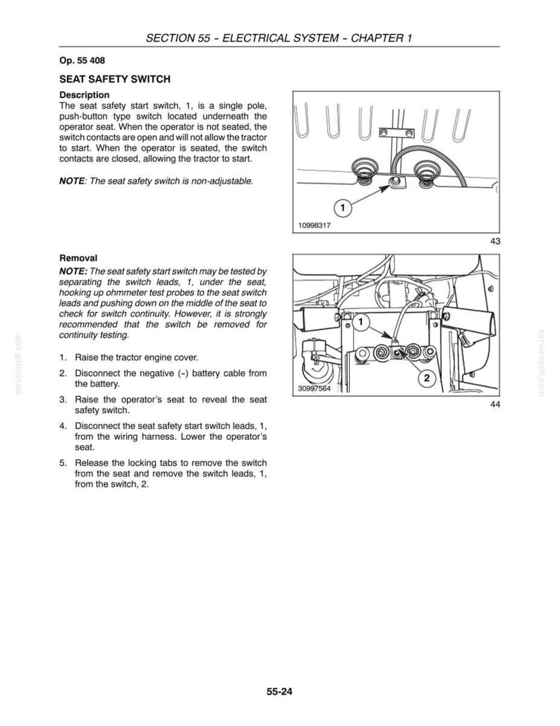 May include: A technical manual page titled SECTION 55 - ELECTRICAL SYSTEM - CHAPTER 1, detailing the SEAT SAFETY SWITCH. It includes two black and white line drawings showing the switch location, labeled 1 and 2, with instructions for removal.
