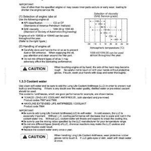 May include: A page from a manual detailing lubricating oil and coolant water for engines. Includes information on oil viscosity, coolant types, and safety precautions. Features diagrams and product codes.