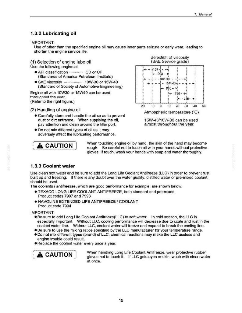 May include: A page from a manual detailing lubricating oil and coolant water for engines. Includes information on oil viscosity, coolant types, and safety precautions. Features diagrams and product codes.