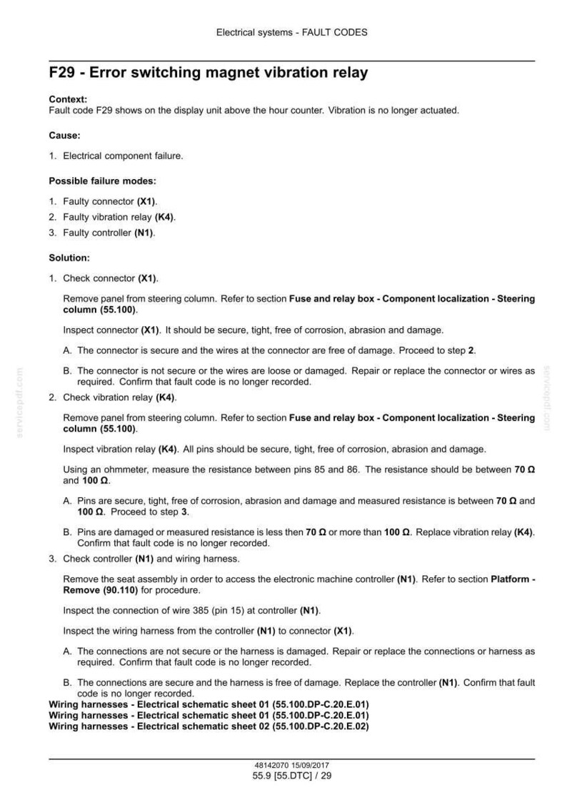 May include: A technical document titled "Electrical systems - FAULT CODES" with the error code F29, detailing the error switching magnet vibration relay. The document provides context, causes, possible failure modes, and solutions for troubleshooting.