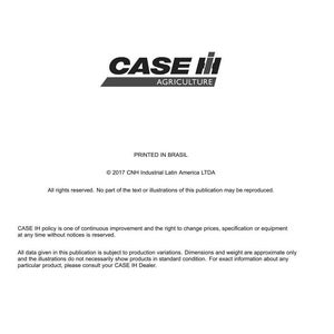May include: White document with the "CASE IH AGRICULTURE" logo in black and red. Text includes "Printed in Brasil" and copyright information for CNH Industrial Latin America LTDA. The document is a technical publication.