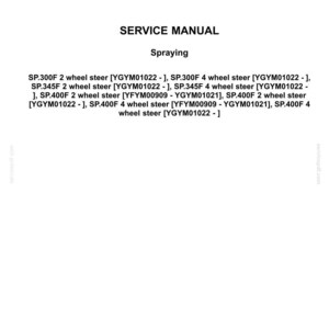 May include: A white page with the text "NEW HOLLAND AGRICULTURE" at the top, followed by "SERVICE MANUAL" and "Spraying." Below, a list of model numbers and specifications for agricultural equipment is displayed.