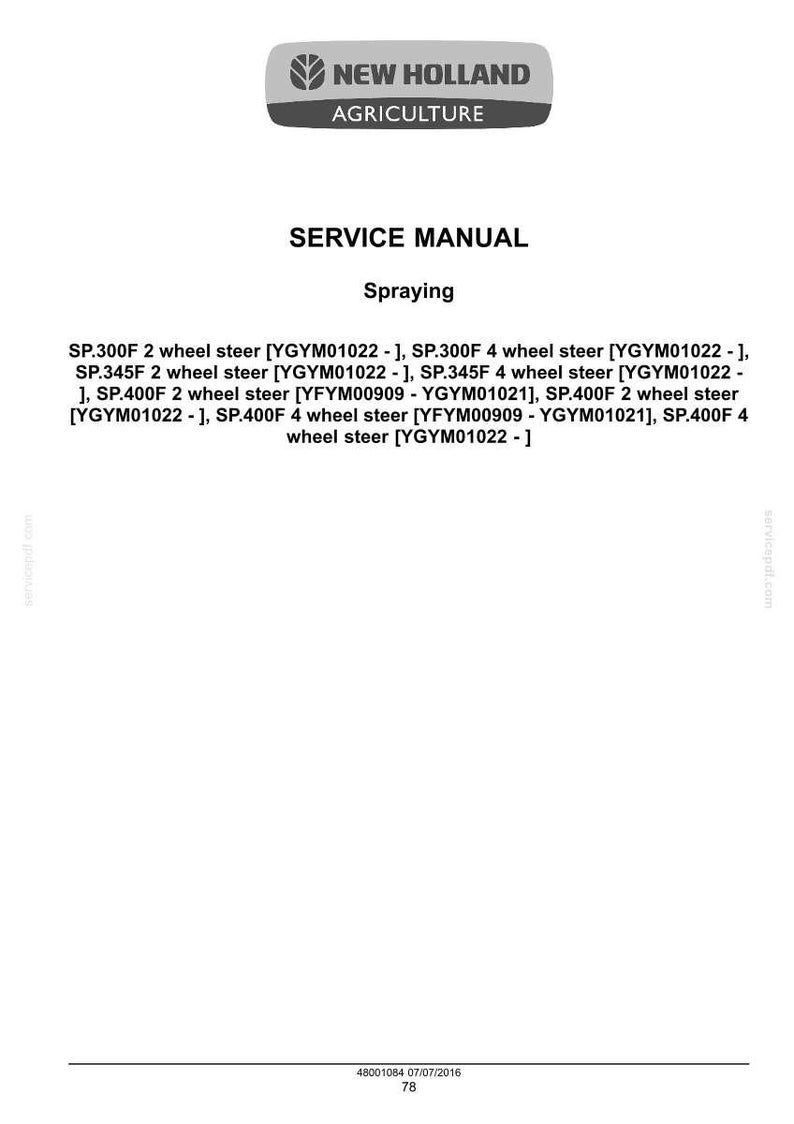 May include: A white page with the text "NEW HOLLAND AGRICULTURE" at the top, followed by "SERVICE MANUAL" and "Spraying." Below, a list of model numbers and specifications for agricultural equipment is displayed.