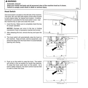 May include: A technical manual page titled 3 - CONTROLS AND INSTRUMENTS featuring black and white line drawings of a machine hood switch and master disconnect. The text provides safety warnings and instructions for operating the hood switch.